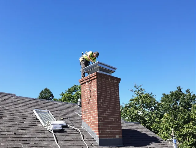 Plainfield Chimney Sweep technician measuring a chimney cap in Plainfield, CT