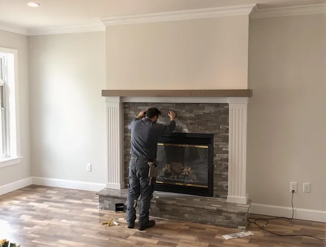 Plainfield Chimney Sweep finishing a custom fireplace install in Plainfield, CT